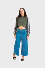 Cropped Khaki Hoodie with Stripe - Image 2